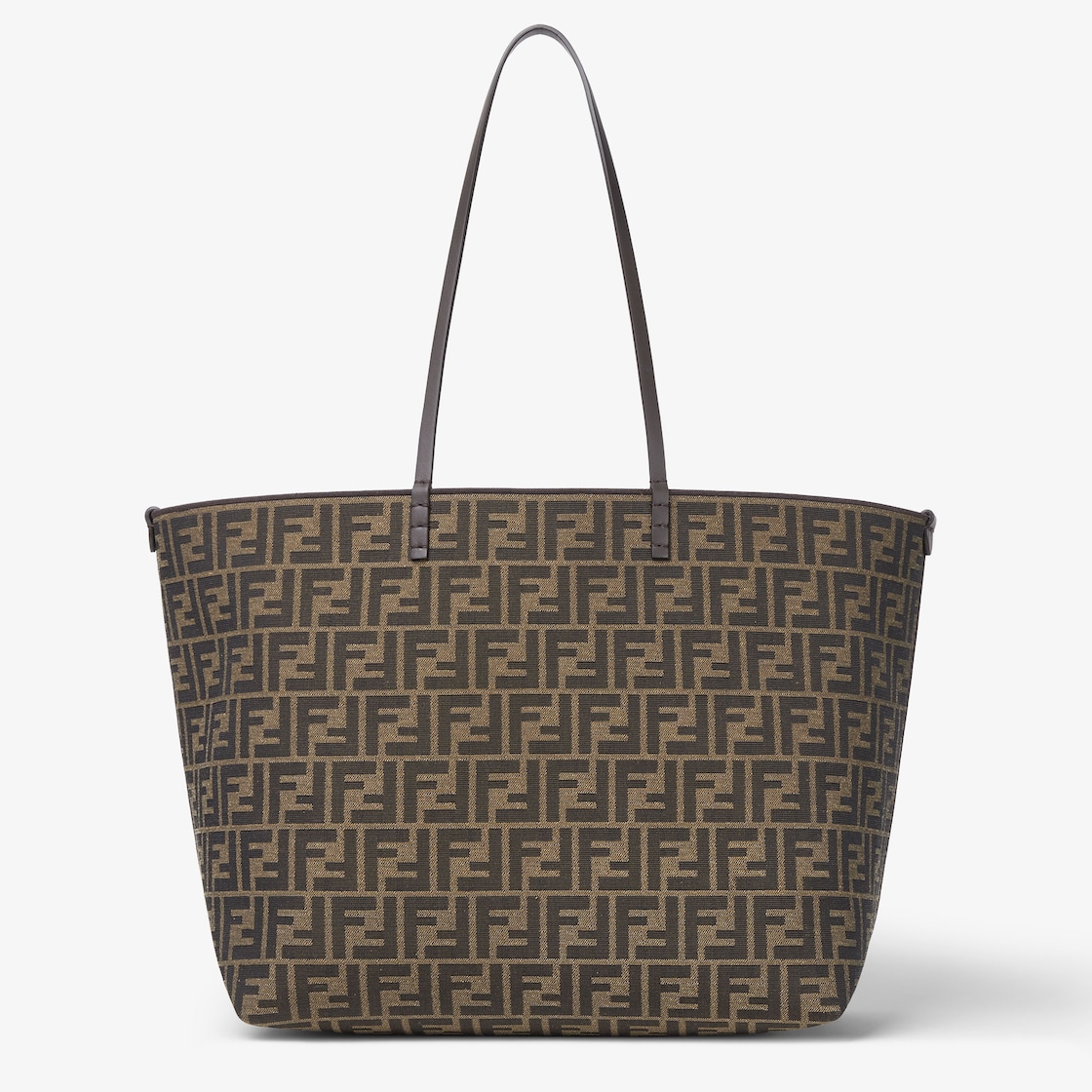 FENDI Roll Large Tobacco brown FF jacquard and striped Pequin fabric shopper - Image 1